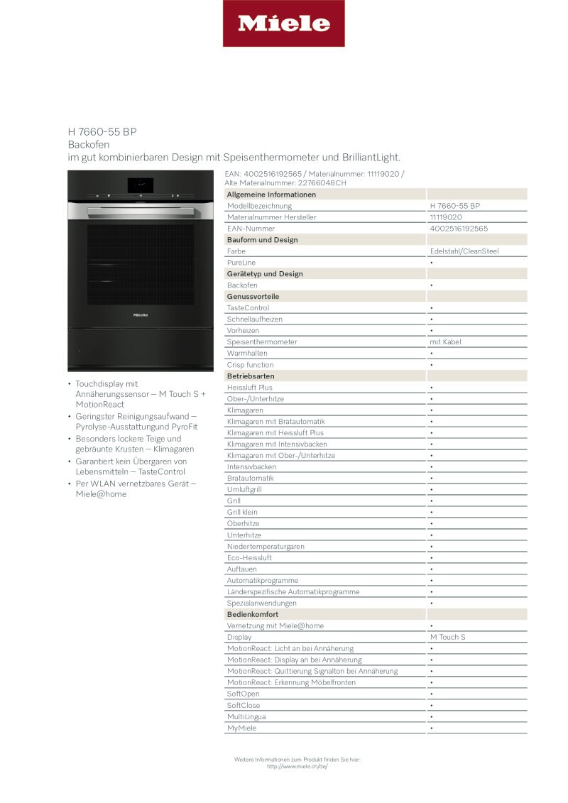 Datenblatt Miele H7660-55BP