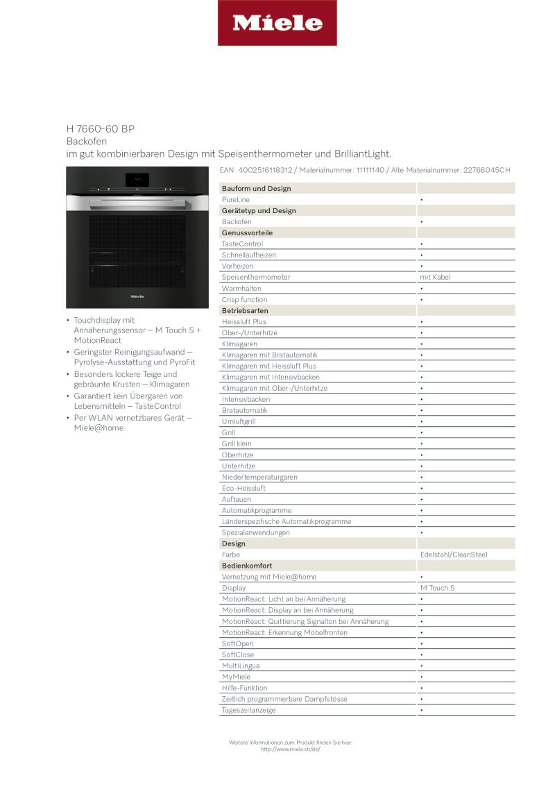 Datenblatt Miele H7660-60BP