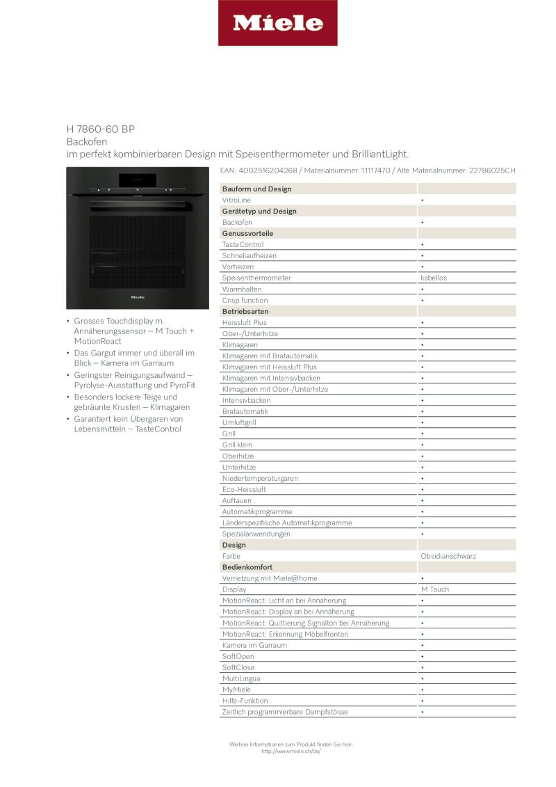 Datenblatt Miele H7860-60BP