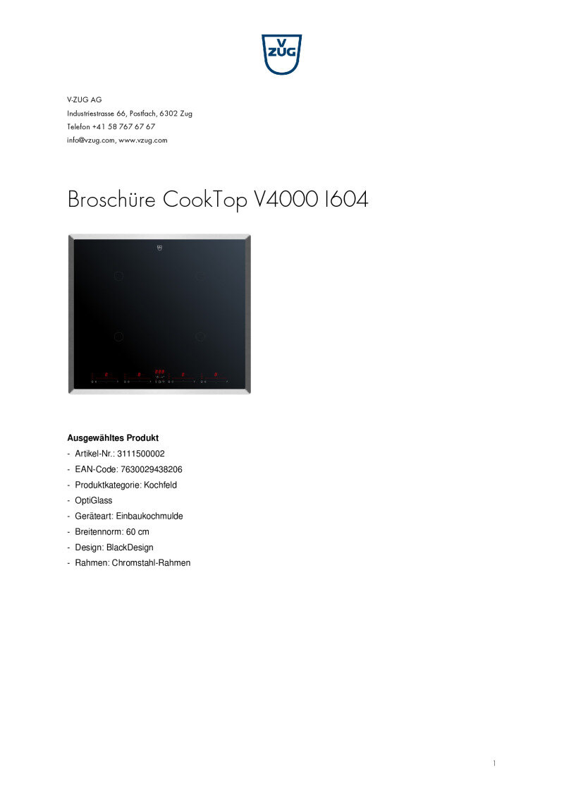 Datenblatt V-Zug CookTop V4000 I604