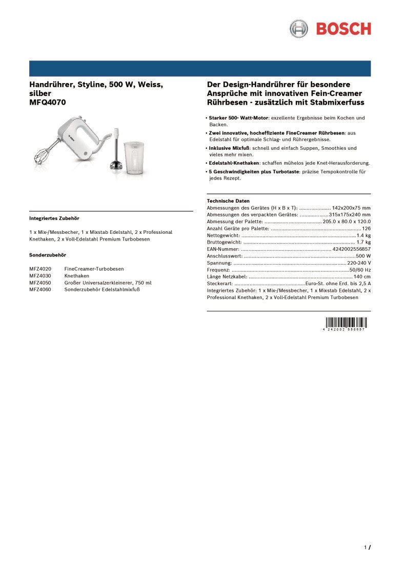 Datenblatt Bosch MFQ4070