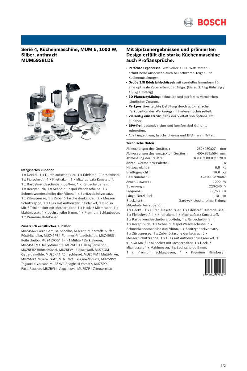 Datenblatt Bosch MUM59S81DE