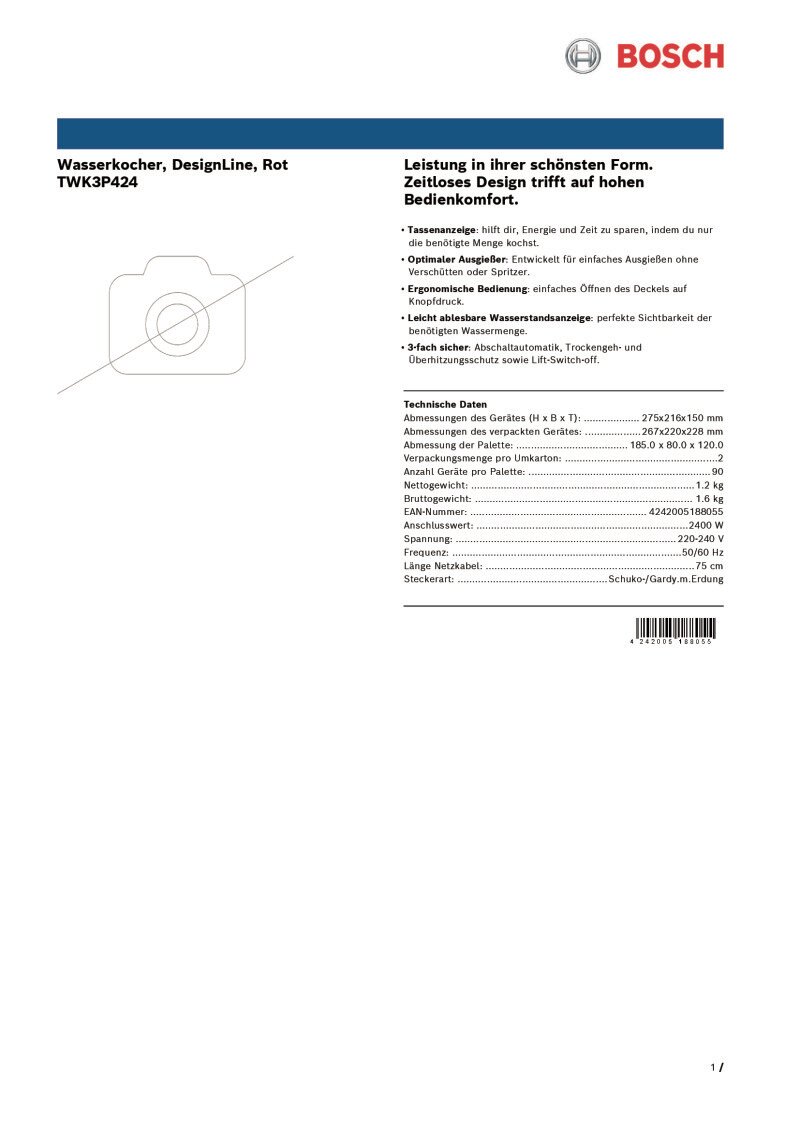 Datenblatt Bosch Wasserkocher TWK3P424