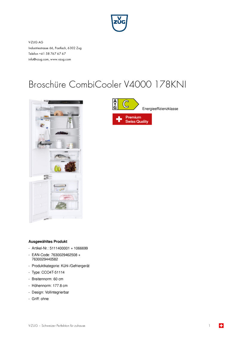 Datenblatt V-Zug CombiCooler V4000 178KNI