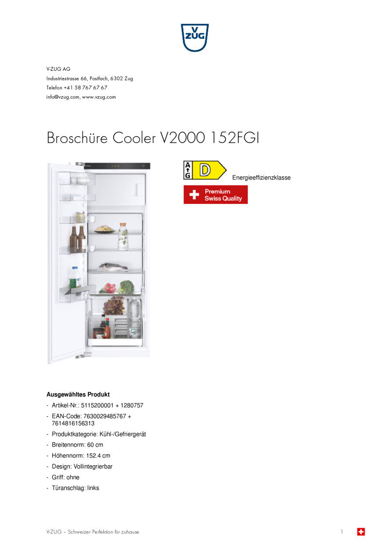 Datenblattt V-Zug Cooler V2000 152FGI