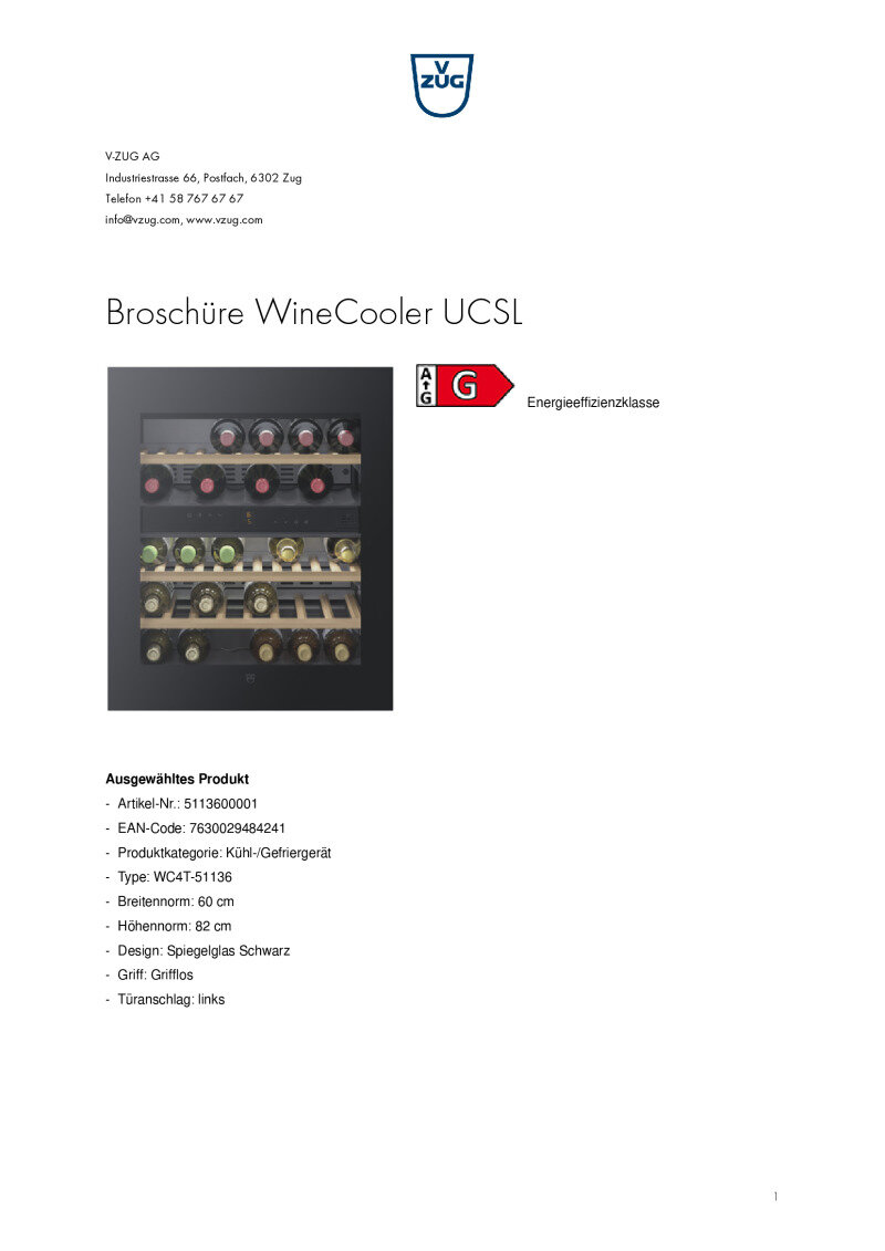 Datenblatt V-Zug WineCooler UCSL