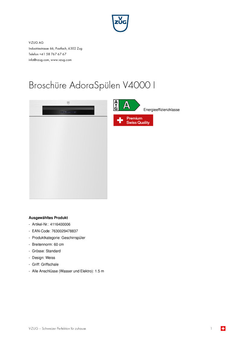 Datenblatt V-Zug AdoraSp&uuml;len V4000i