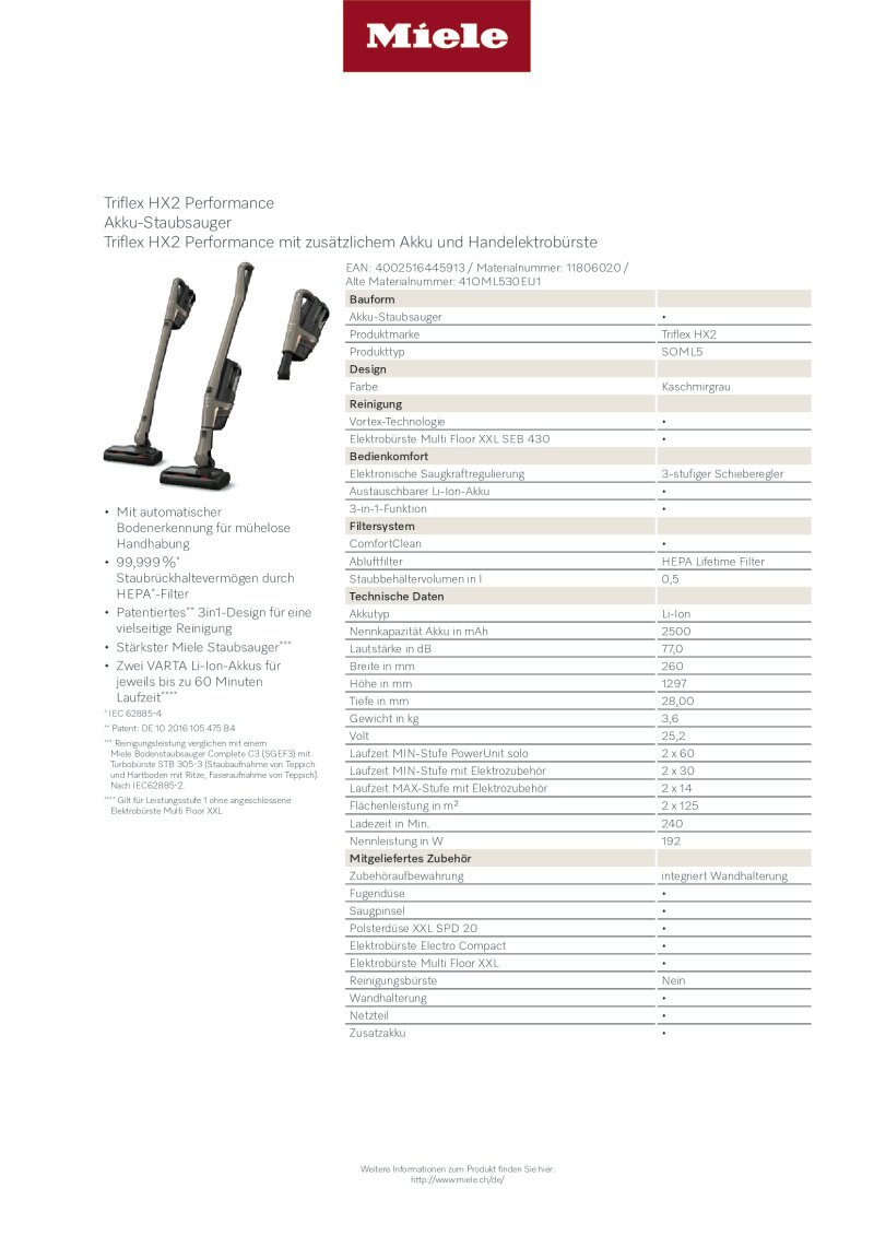 Datenblatt Miele Triflex HX2 Performance