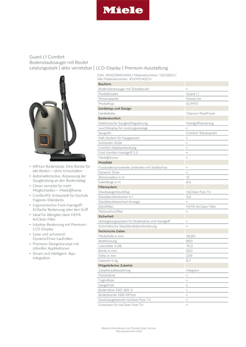 Datenblatt Miele Guard L1 Comfort