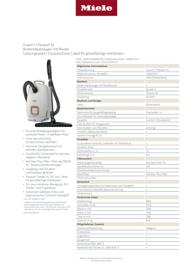 Datenblatt Miele Guard L1 Parquet XL