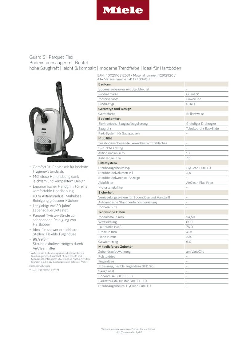 Datenblatt Miele Guard S1 Parquet Flex