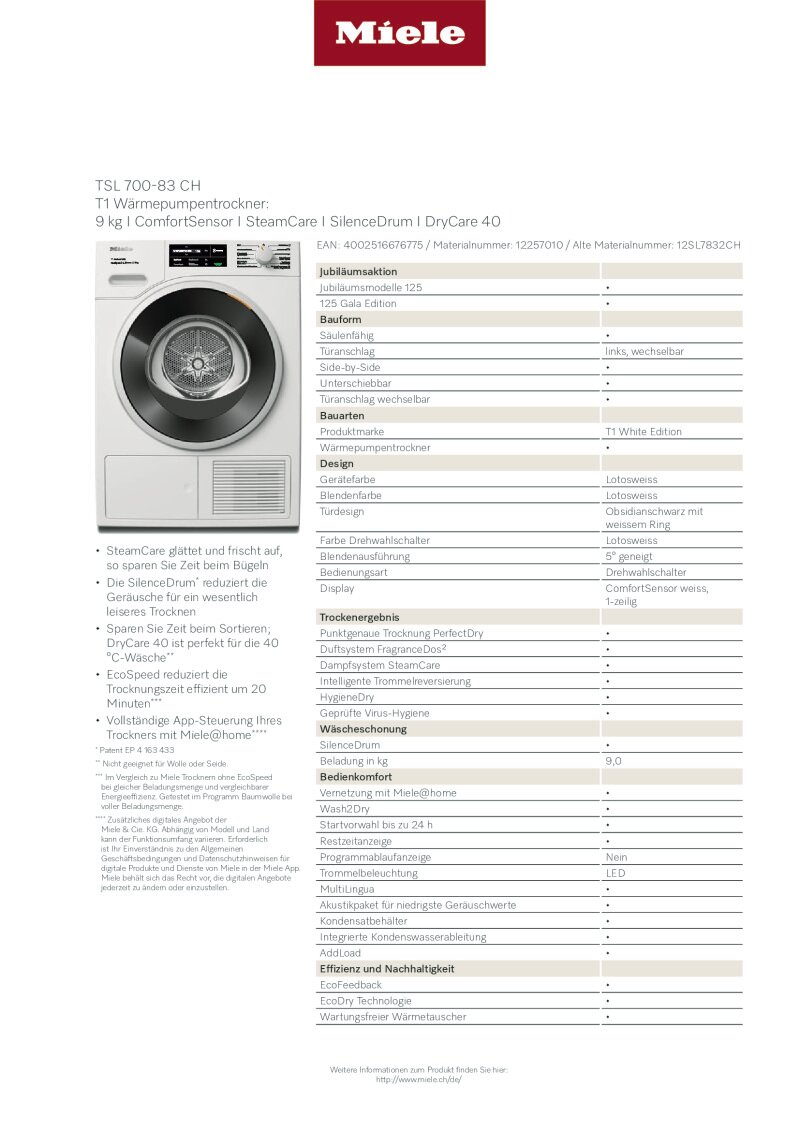 Datenblatt Miele TSL700-83