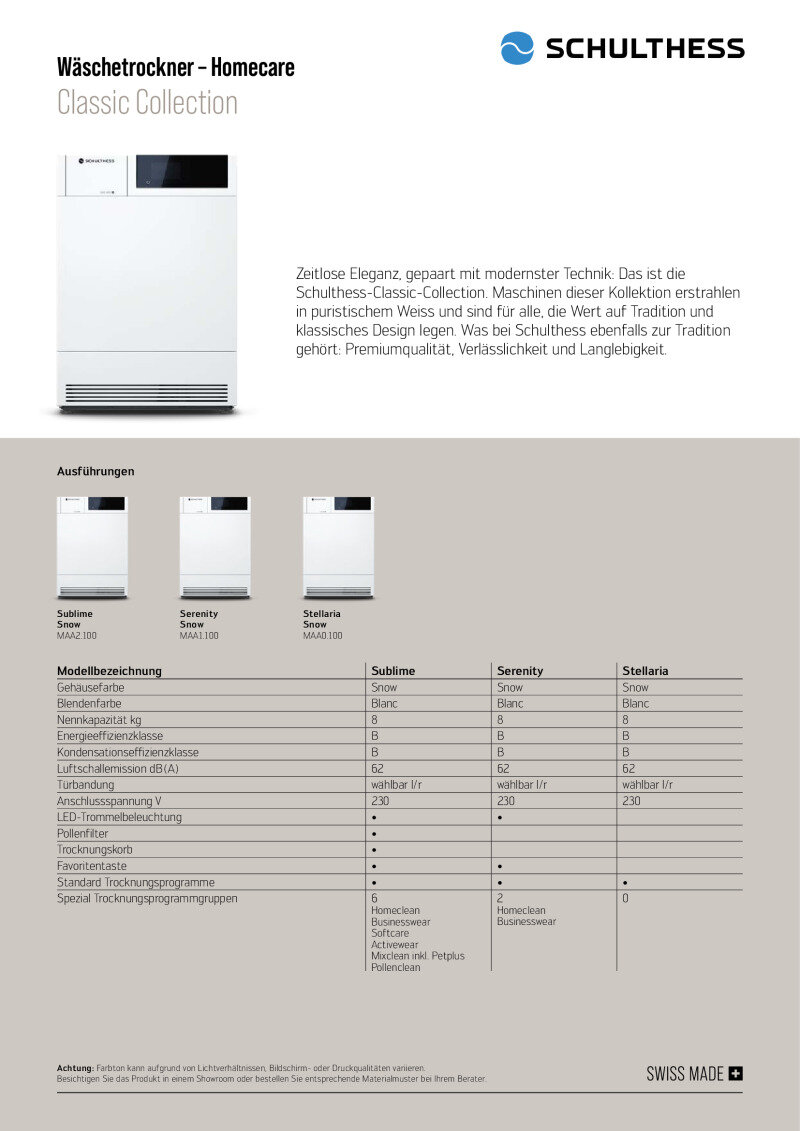 Schulthess Datenblatt Trockner